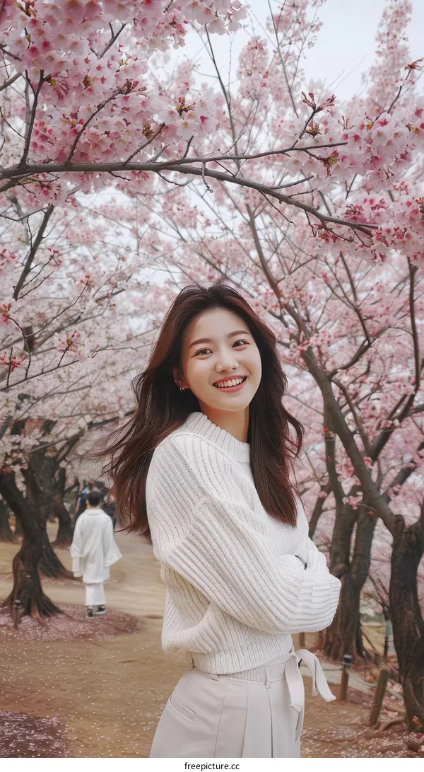 A young woman standing in a field of cherry blossoms