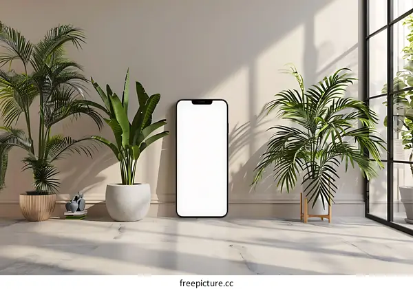 Mockup of a Smartphone on a Table in Front of a Window With Plants