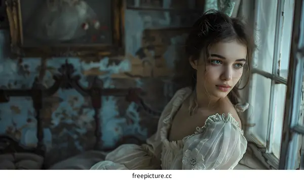 Portrait of a young woman with brown hair and blue eyes, wearing a white dress with a lace collar