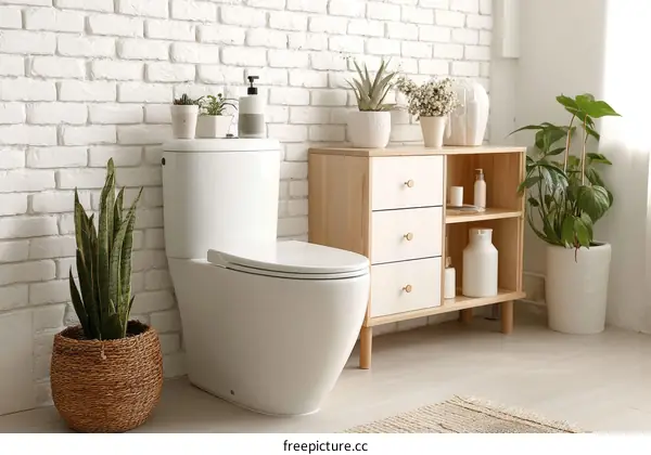 Modern Bathroom with Plants and Stylish Furniture