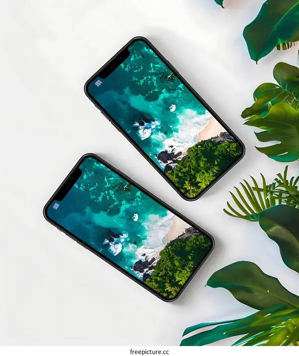 Two Black Smartphones with Tropical Beach Backgrounds