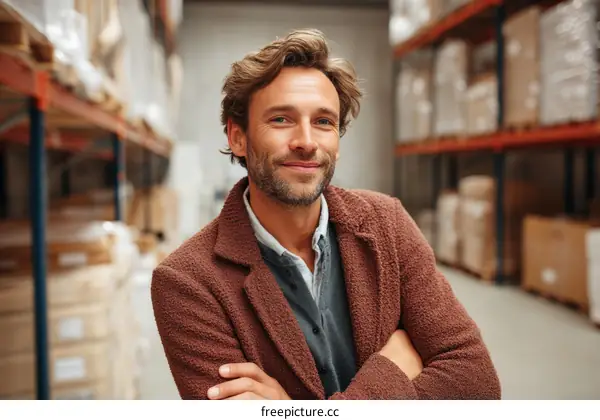 Warehouse worker in a brown coat