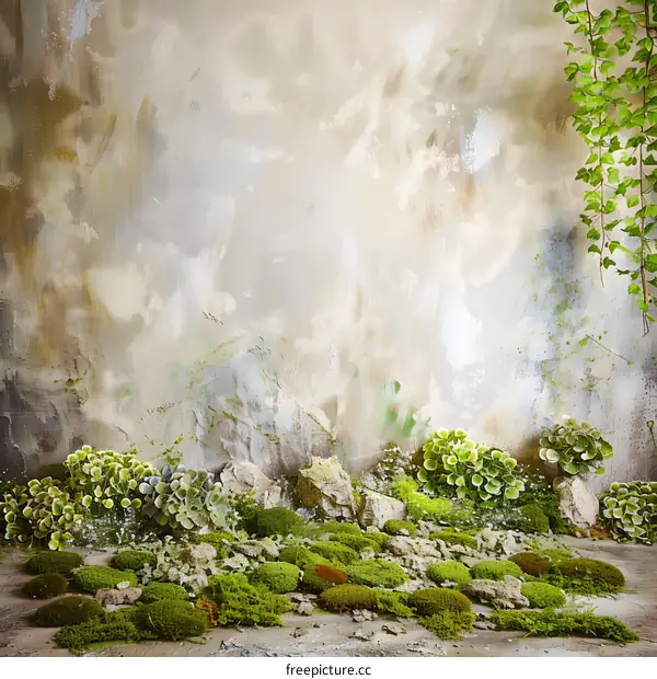 Green Moss Background With Concrete Wall