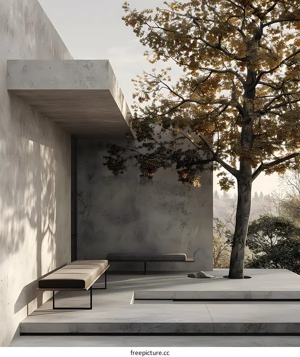 Minimalist Concrete Patio Design with Tree