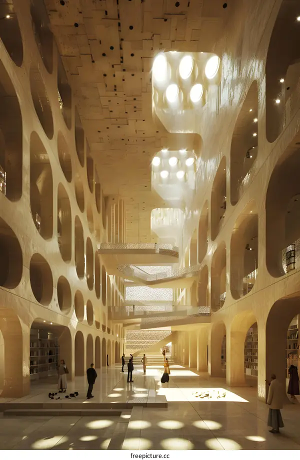 Modern Library Interior With Large Circular Windows and People