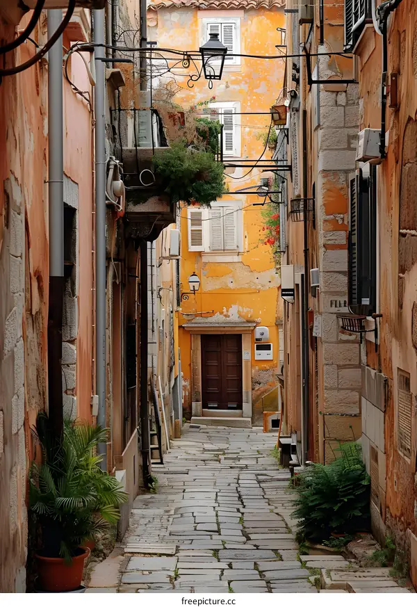 Narrow Cobblestone Alleyway in European City