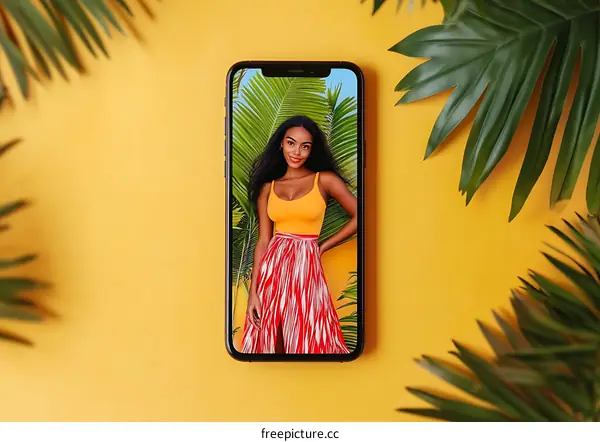 Woman in a Phone Screen with Palm Leaves
