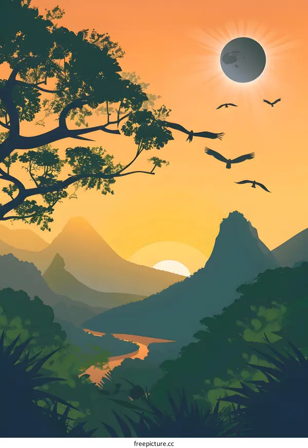 Silhouette of Mountains and Jungle Under a Solar Eclipse