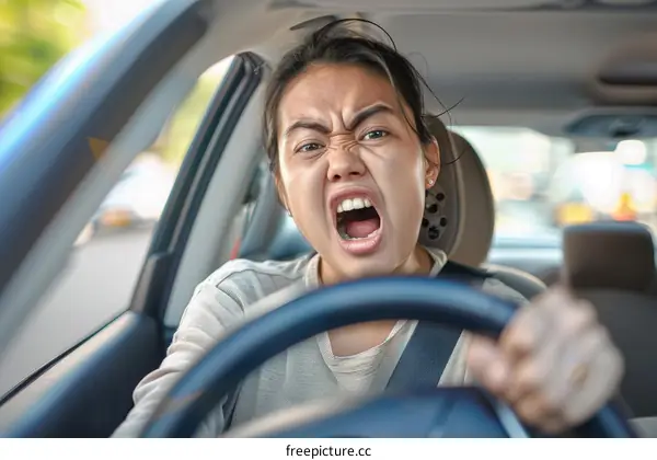 Asian woman driving car angry upset frustrated screaming road rage