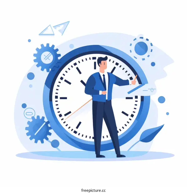 Businessman standing near clock and pointing at it with pencil