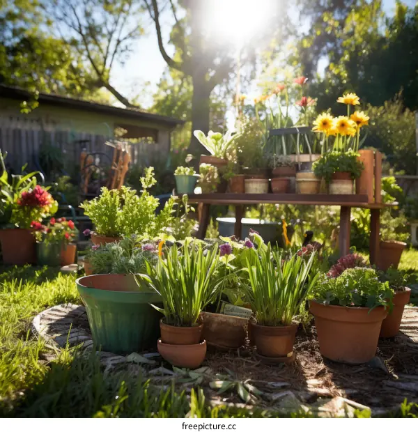 A lush garden with a variety of flowers and plants basking in the sunlight