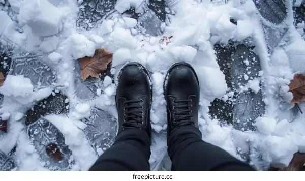 A person standing in the snow wearing black boots