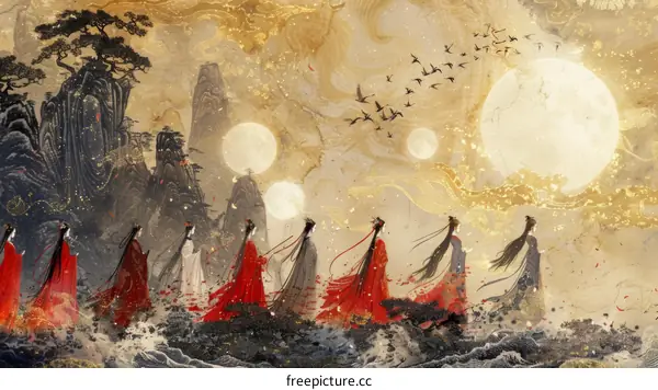 Seven Celestial Maidens Under the Moonlit Sky