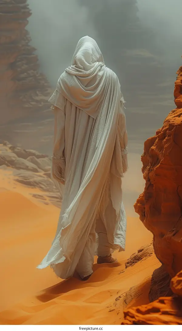 Man in white robe walking in desert