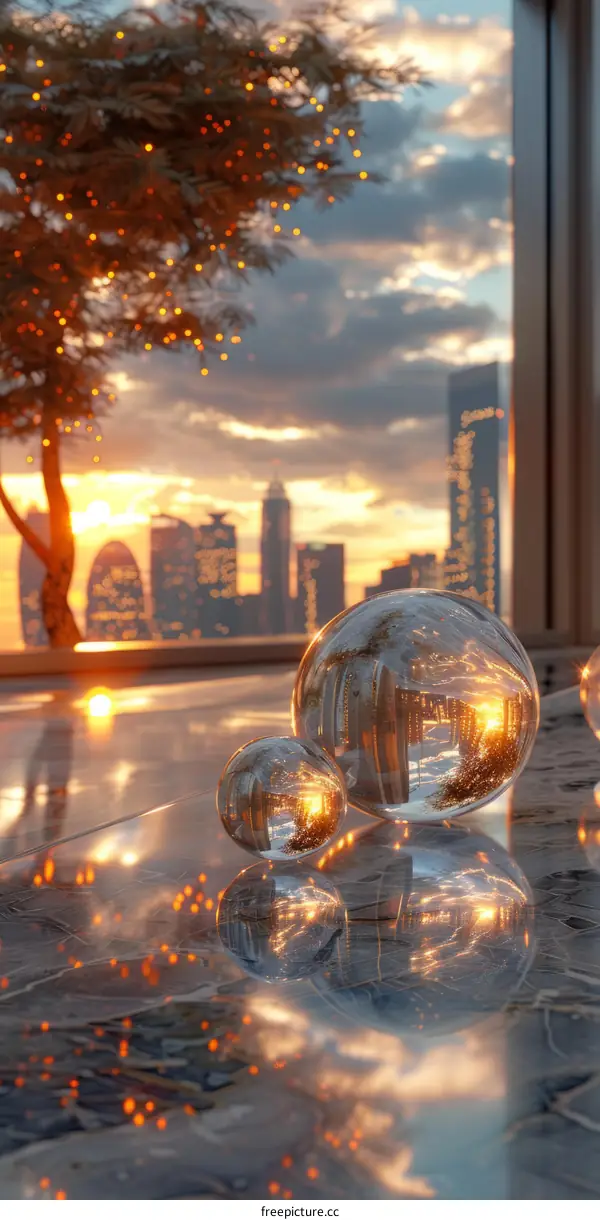 Orbs reflecting the illuminated cityscape at sunset
