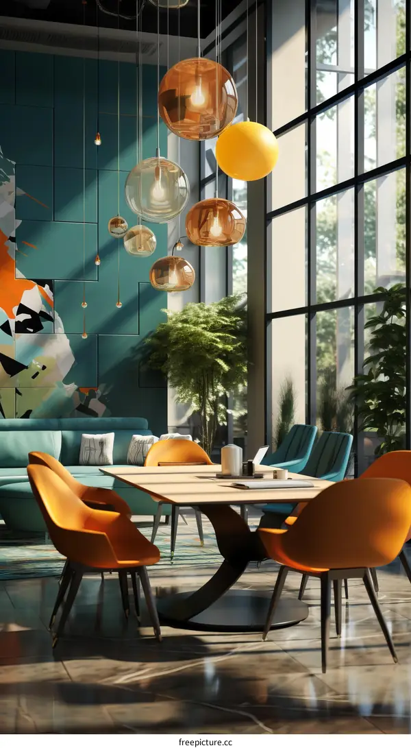 Modern Office Space with Expansive Windows, Lush Greenery, and Stylish Furnishings