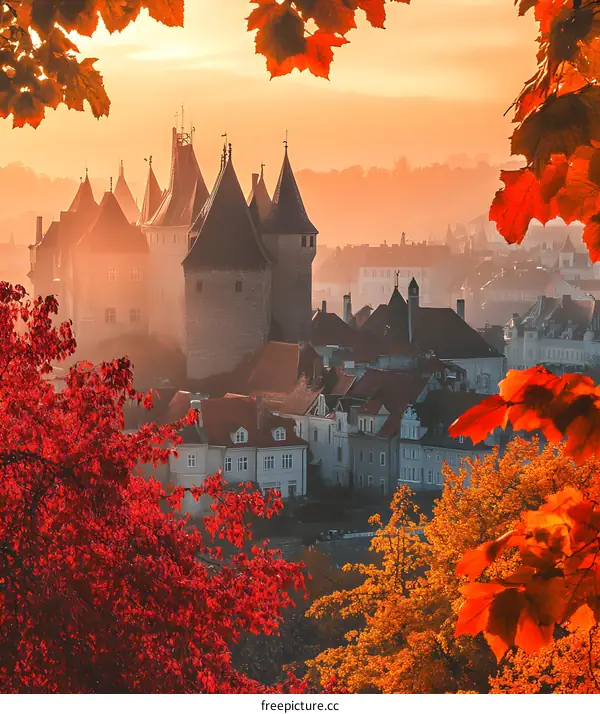 Autumn Leaves Frame Historic Castle In City