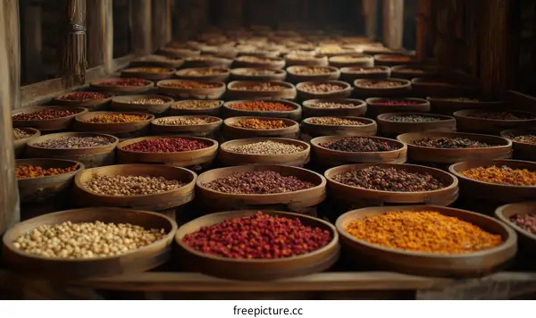 Colorful Spices in Wooden Bowls
