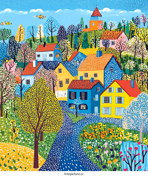 Colorful Illustration of a Village with Houses and Trees