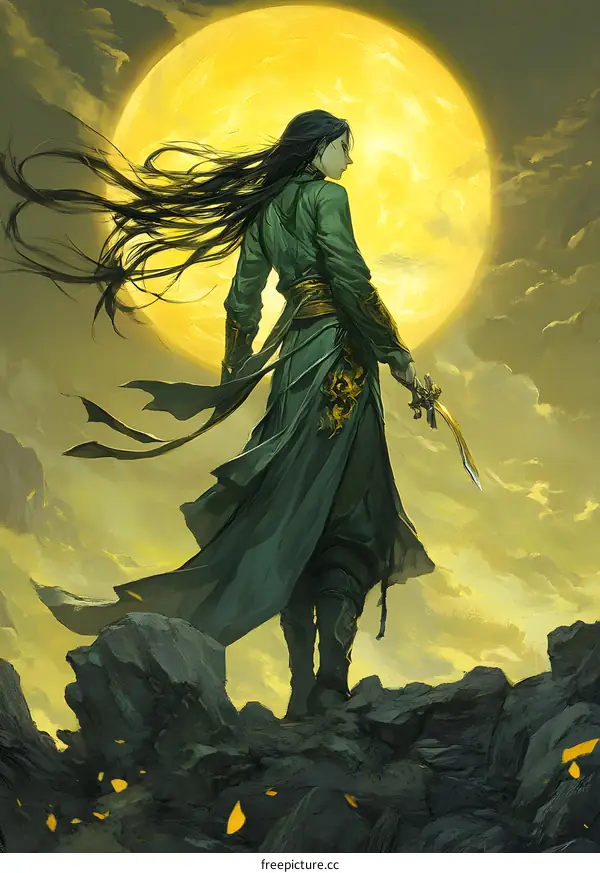 Fantasy Artwork of a Man with Long Black Hair Standing on a Cliff with a Sword