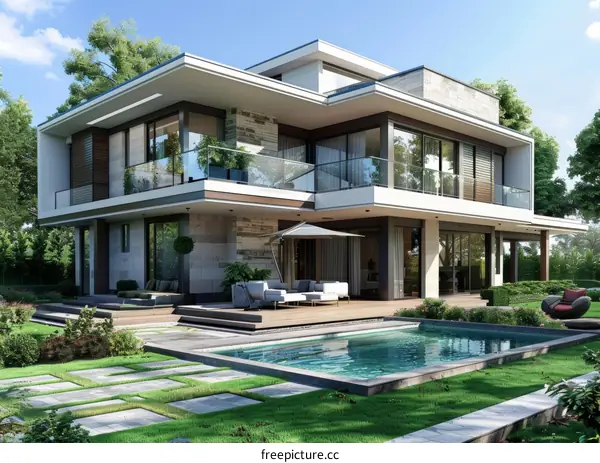 Modern luxury house exterior with pool