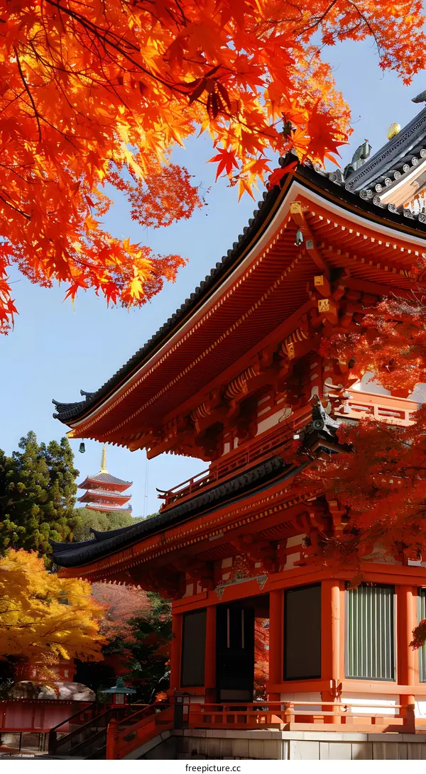 A photo of a traditional Japanese temple with red leaves in autumn