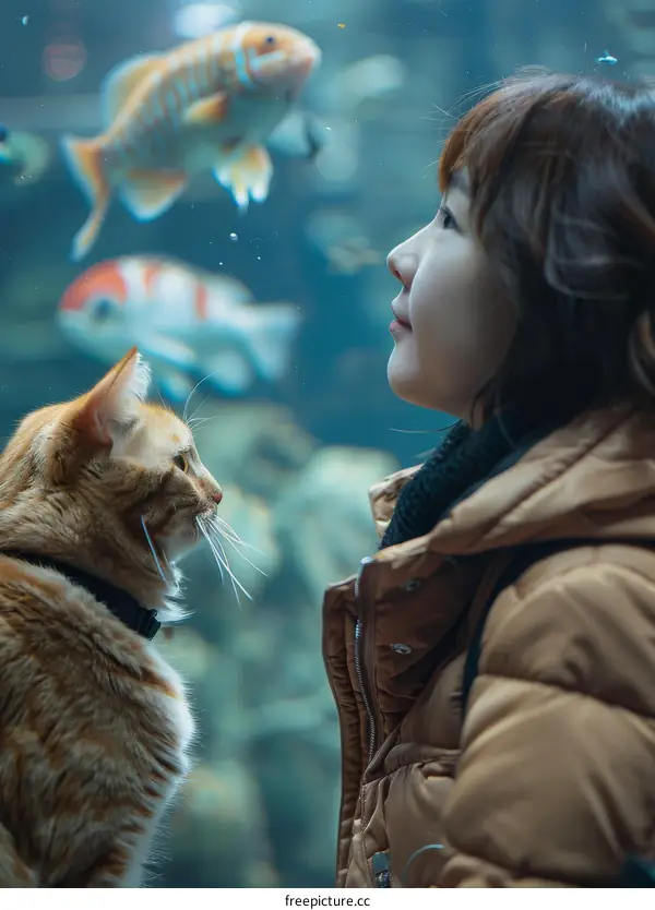 A ginger cat and a girl are looking at the fishes in an aquarium