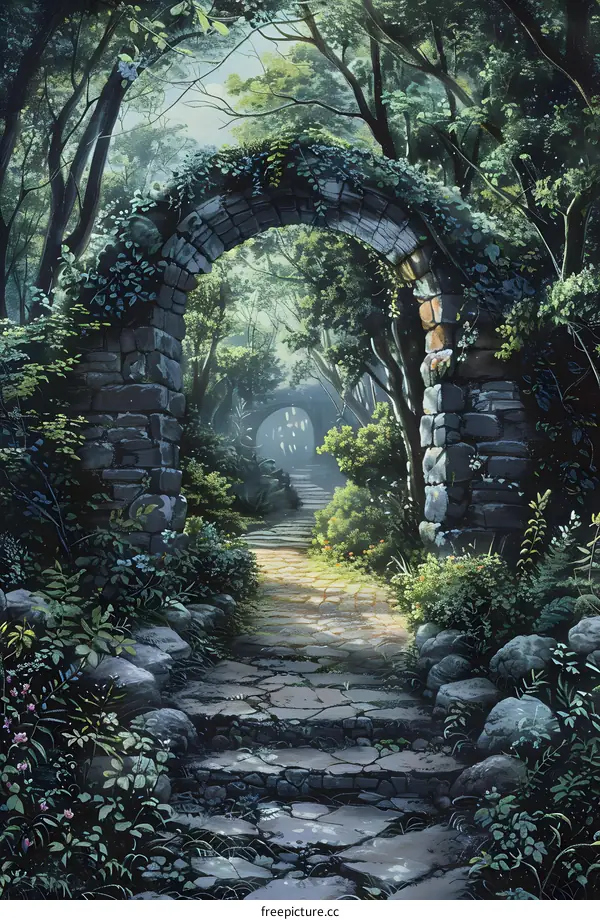 Stone archway in the middle of a forest