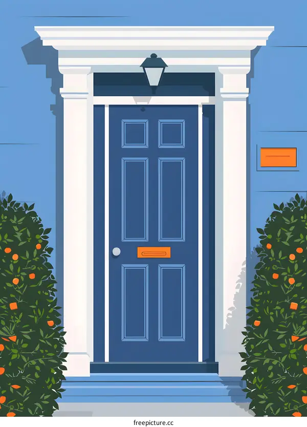 Blue Door with White Frame and Plants