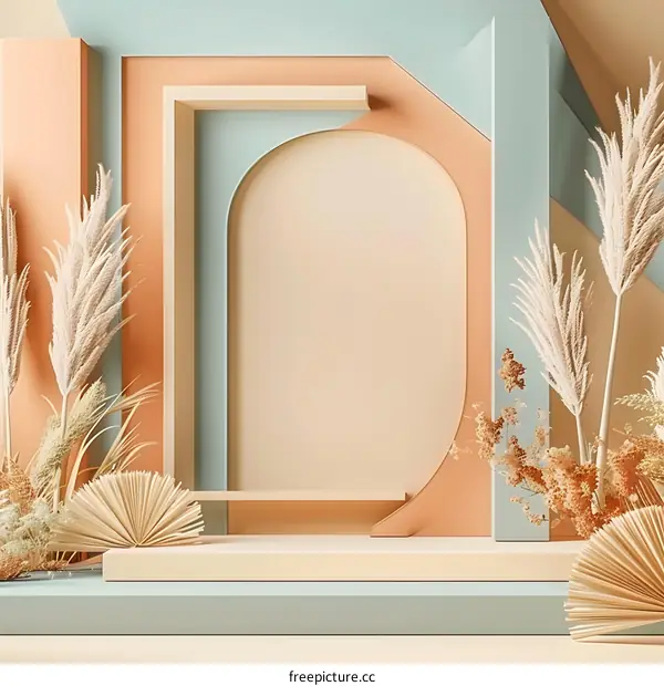 Abstract Minimalist Background with Geometric Shapes and Pampas Grass