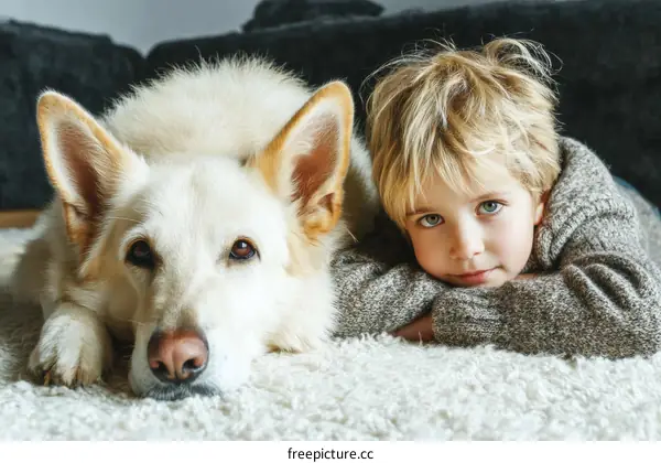 Child and Dog Relaxing at Home