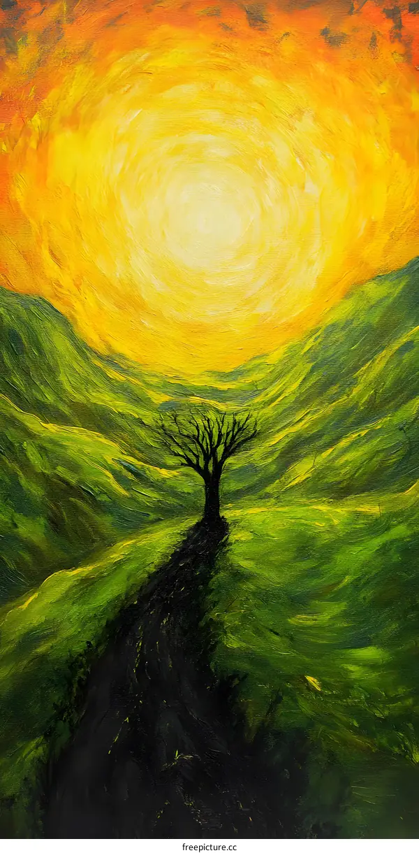 Abstract Sunset Landscape Painting With a Silhouette Tree