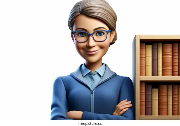 A cheerful young female librarian standing in front of a bookshelf with her arms crossed