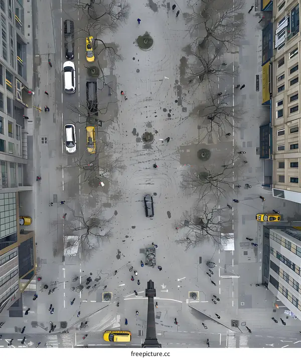 Aerial View of a City Square with People Walking and Cars Parked