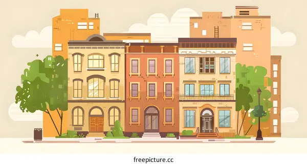 Illustration of Classic Row Houses in a City Neighborhood