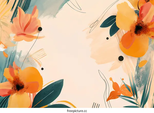 Abstract Floral Illustration with  Orange Flowers and Green Leaves on Beige Background