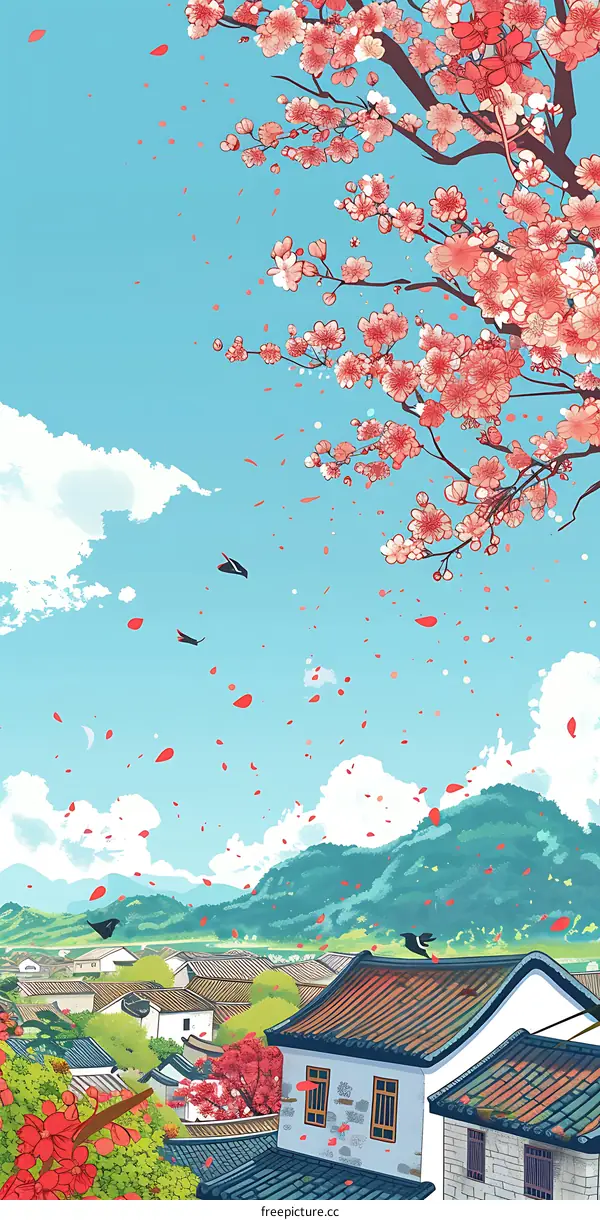 Traditional Chinese Village Spring Blossom Sky