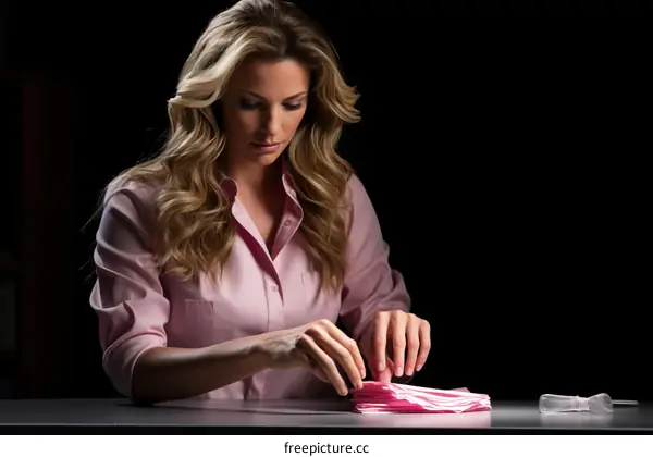 Blonde woman carefully folding pink paper