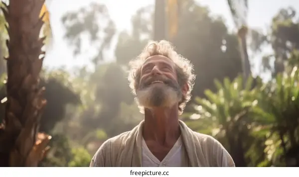 Ecstatic bearded man looking up at the sky