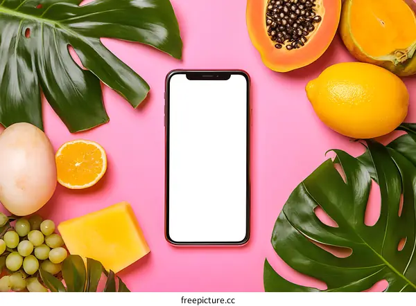Summer Phone Mockup with Tropical Fruit and Leaves