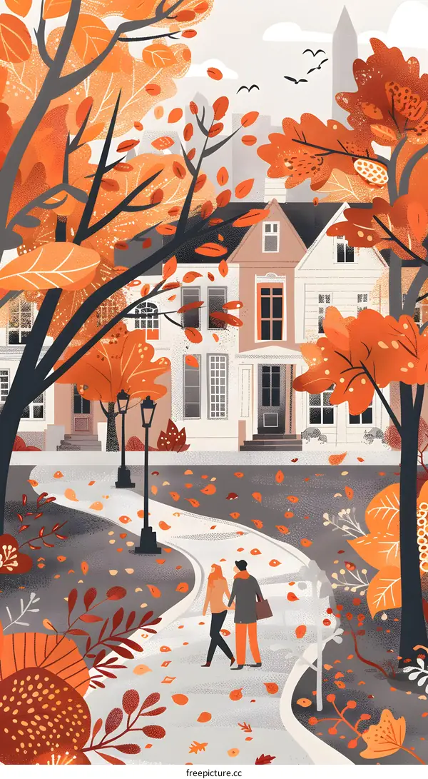 Couple Walking In Autumn Park