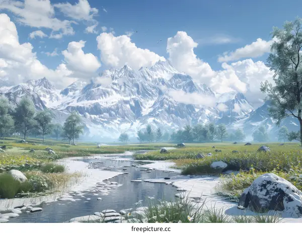 Snow-capped Mountains Reflecting in a Serene River