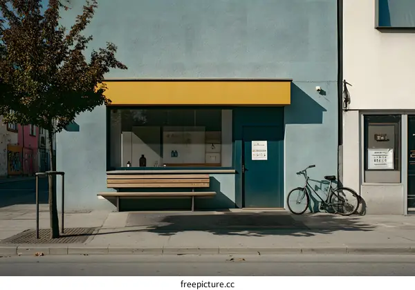 Minimalist Blue Building with Yellow Awning, Wooden Bench and Bike