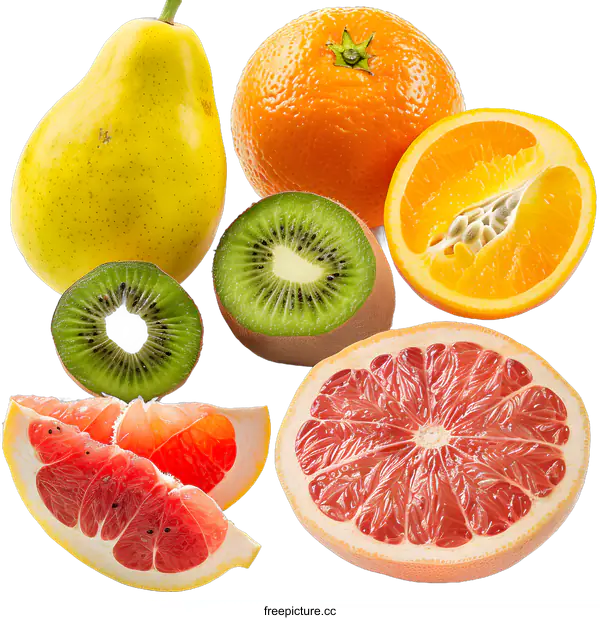 [Transparent Background PNG]Fresh Yellow Pear Kiwi Orange and Grapefruit