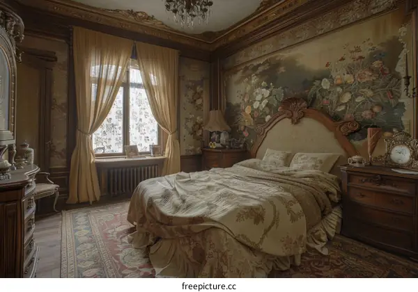 Vintage Elegant Bedroom with Floral Wallpaper