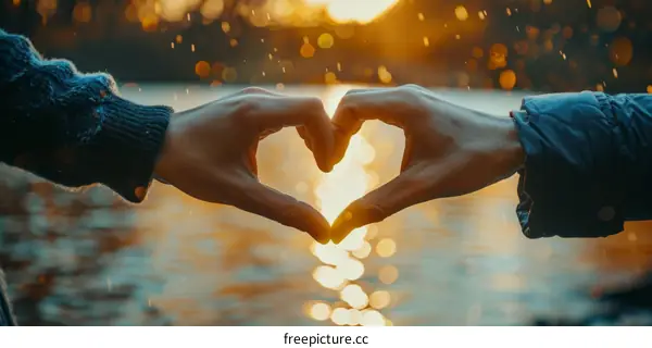 Two people making a heart shape with their hands in front of a lake with the sun setting in the background