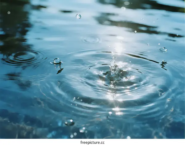 Drops falling into clear water creating concentric ripples