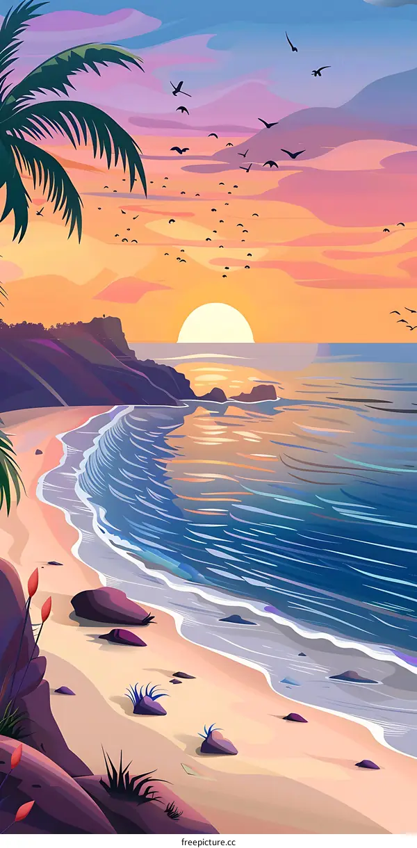 Beautiful Sunset Beach With Palm Tree And Birds Flying In The Sky