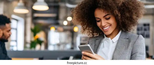 Smiling Woman in Business Attire Using Her Smartphone