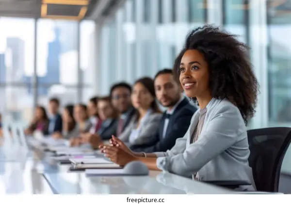 Group of business people having a meeting and smiling